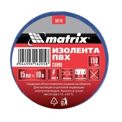 Изолента ПВХ 15 мм х 10 м синяя 150 мкм MATRIX 88770, фото  - Метэкс