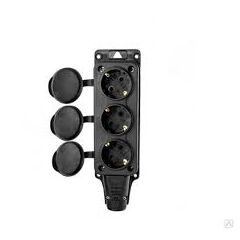 Розетка 3-я 16А 220В IP54  с заземлением каучук с заглушками черная, фото  - Метэкс