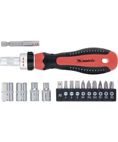 Отвертка реверсивная 16 шт 1/4 с набором бит и насадок торцевых MATRIX 11332, фото  - Метэкс