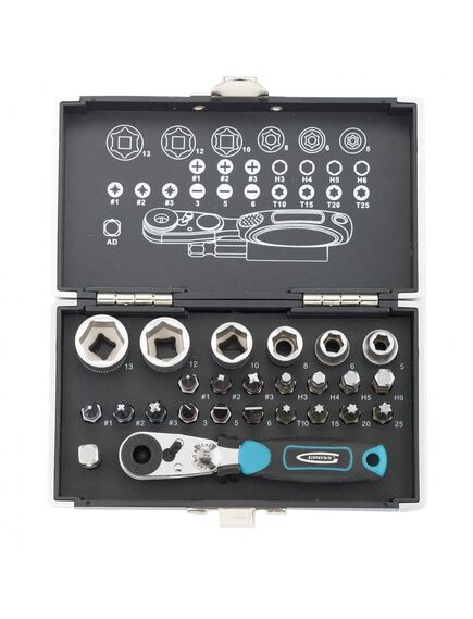 Набор бит и головок торцевых, 1/4, магнитный адаптер сталь пластиковый кейс 26 предметов GROSS 11361, фото , изображение 2 - Метэкс