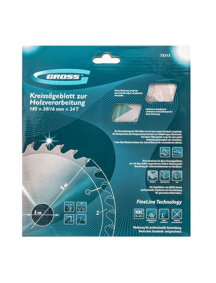 Пильный диск по дереву 185 x 20 мм 24 зуба кольцо 16/20 GROSS 73313, фото , изображение 6 - Метэкс
