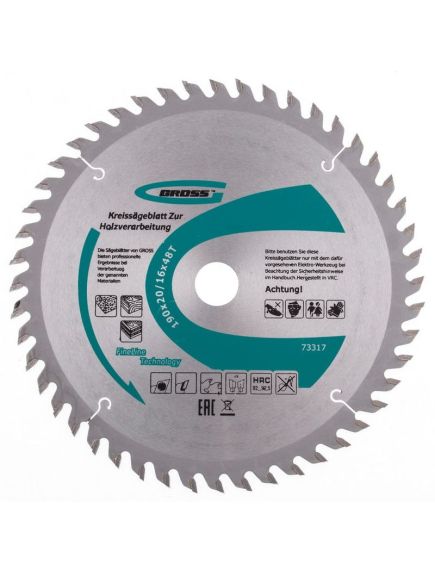 Пильный диск по дереву 190 x 20 мм 48 зубьев кольцо 16/20 GROSS 73317, фото , изображение 3 - Метэкс