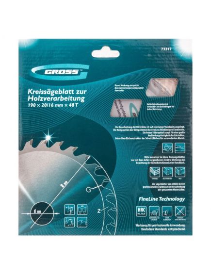 Пильный диск по дереву 190 x 20 мм 48 зубьев кольцо 16/20 GROSS 73317, фото , изображение 6 - Метэкс