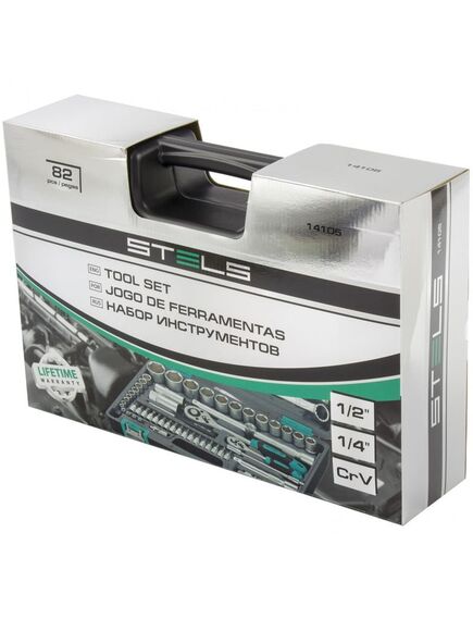 Набор инструментов 1/2", 1/4" пластиковый кейс 82 предмета STELS 14105, фото , изображение 3 - Метэкс
