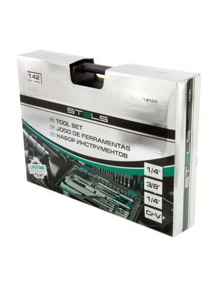 Набор инструментов 1/2", 3/8", 1/4" пластиковый кейс 142 предмета STELS 14107, фото , изображение 3 - Метэкс