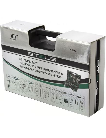 Набор инструментов 1/2", 1/4" пластиковый кейс 69 предметов STELS 14108, фото , изображение 2 - Метэкс