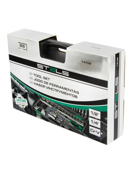 Набор инструментов 1/2", 1/4" пластиковый кейс 88 предметов STELS 14109, фото , изображение 3 - Метэкс