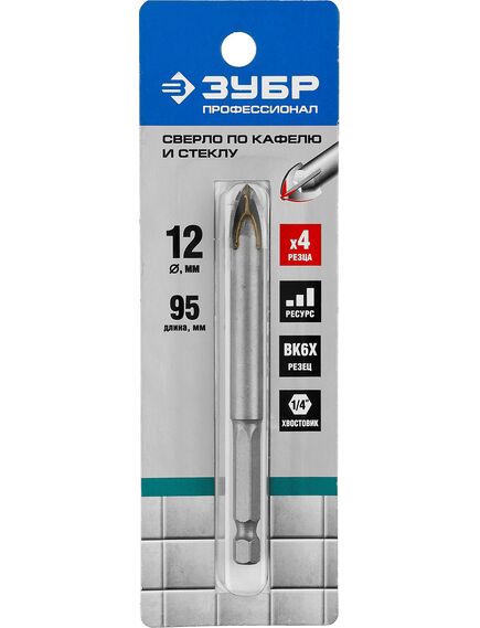 Сверло по кафелю и стеклу 12 мм шестигранный хвостовик ЗУБР 29845-12_z01, фото , изображение 2 - Метэкс