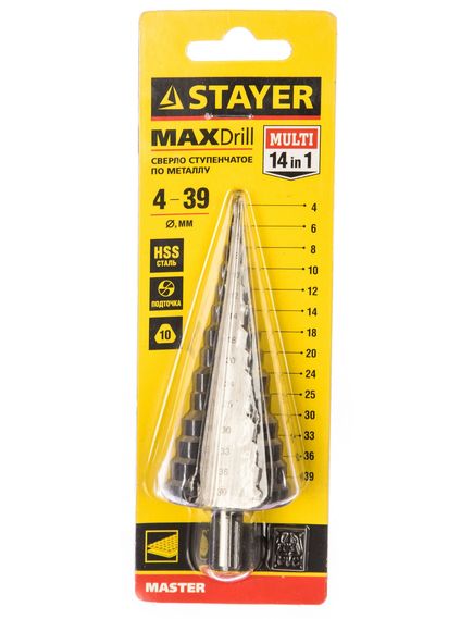 Сверло ступенчатое 4-39 мм 14 ступеней HSS STAYER 29660-4-39-14, фото , изображение 2 - Метэкс