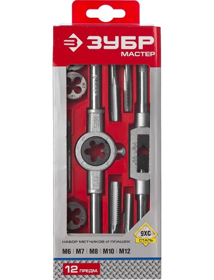 Набор метчиков и плашек 12 предметов 9ХС ЗУБР 28121-Н12, фото , изображение 4 - Метэкс