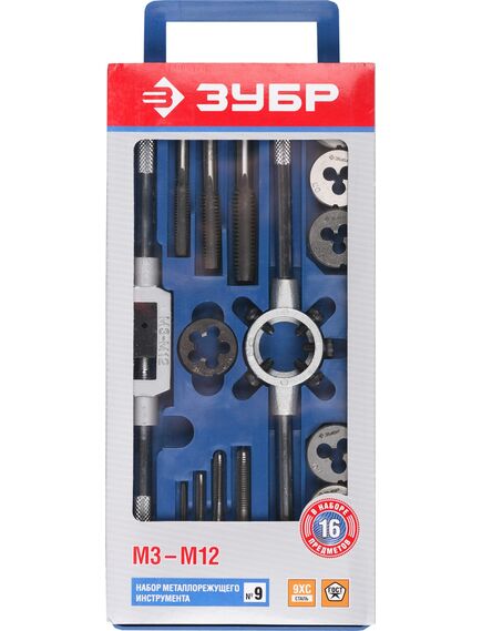 Набор метчиков и плашек 16 предметов 9ХС ЗУБР 28122-Н16, фото , изображение 2 - Метэкс