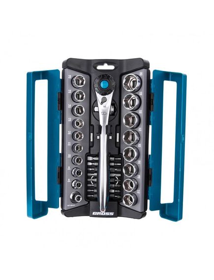 Набор торцевых головок 1/2" и 3/8" трещотка 120 зубьев 36 предметов GROSS 14145, фото , изображение 2 - Метэкс