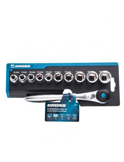 Набор торцевых головок 3/8" трещотка 120 зубьев 12 предметов GROSS 14139, фото , изображение 4 - Метэкс
