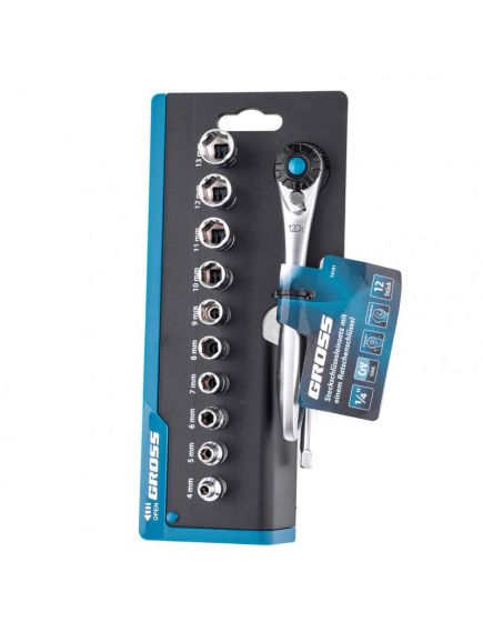 Набор торцевых головок 1/4" трещотка 120 зубьев 12 предметов GROSS 14141, фото , изображение 4 - Метэкс