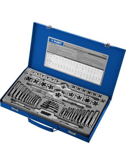 Набор метчиков и плашек 65 предметов Р6М5 ЗУБР 28110-Н65, фото , изображение 2 - Метэкс