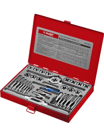 Набор метчиков и плашек 35 предметов 9ХС ЗУБР 28117-Н35_z01, фото , изображение 2 - Метэкс