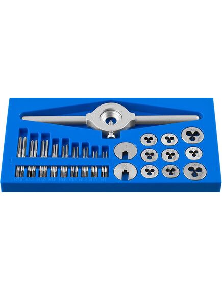 Набор метчиков и плашек 31 предмет 9ХС ЗУБР 28109-Н31, фото , изображение 2 - Метэкс