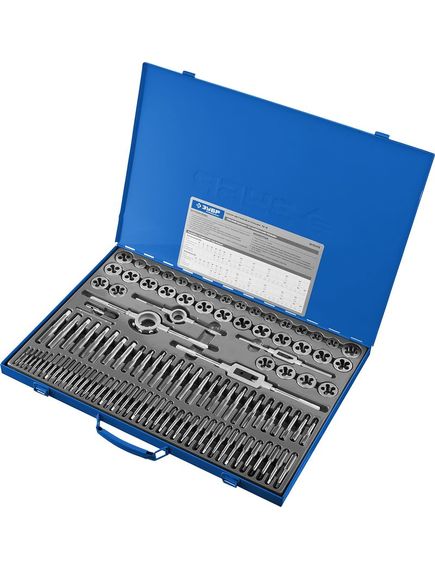 Набор метчиков и плашек 110 предметов Р6М5 ЗУБР 28110-Н110, фото , изображение 2 - Метэкс