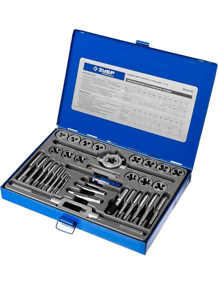 Набор метчиков и плашек 35 предметов Р6М5 ЗУБР 28110-Н35, фото , изображение 3 - Метэкс