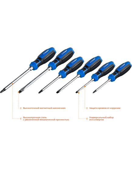 Набор отверток ударных 6 шт 2 компонентные рукоятки ЗУБР 25026, фото , изображение 3 - Метэкс