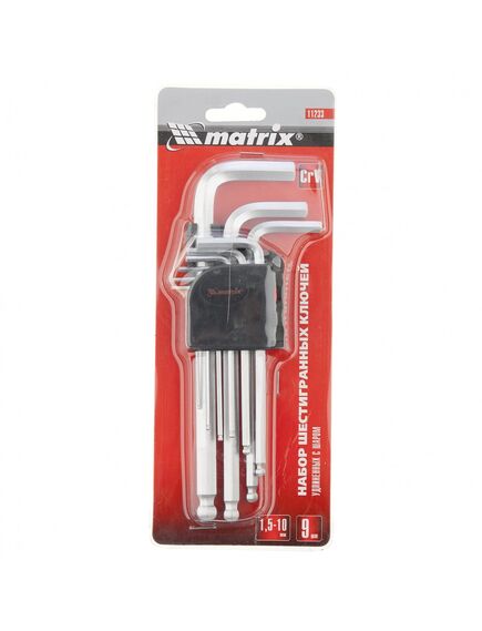 Набор ключей имбусовых 1,5-10 мм HEX 9 шт удлиненные с шаром MATRIX 11233, фото , изображение 2 - Метэкс