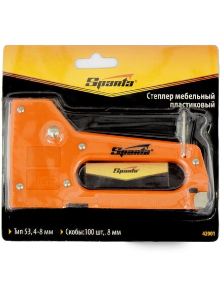 Степлер мебельный 4-8 мм тип скобы 53 пластиковый со скобами 100 шт SPARTA 42001, фото , изображение 2 - Метэкс
