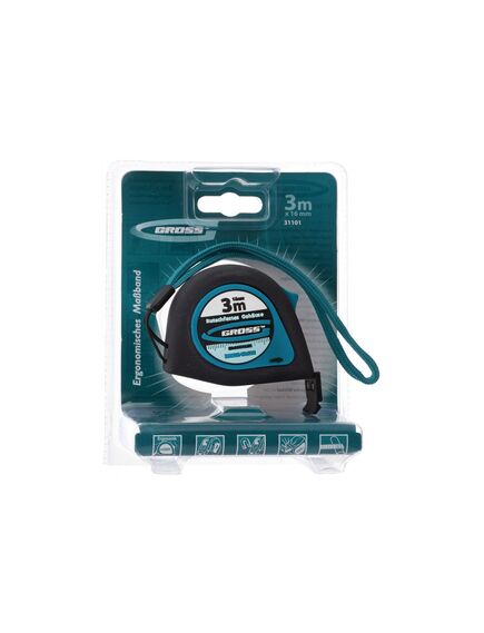 Рулетка 3 м х 16 мм "Ergonomisch" магнитный обрезиненный зацеп GROSS 31101, фото , изображение 3 - Метэкс