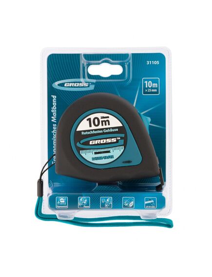 Рулетка 10 м х 25 мм "Ergonomisch"  магнитный обрезиненный зацеп GROSS 31105, фото , изображение 3 - Метэкс