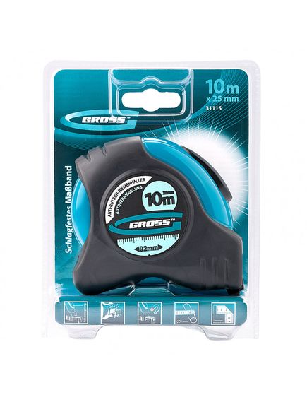 Рулетка 10 м х 25 мм "Schlagfest" магнитный обрезиненый зацеп двусторонняя шкала GROSS 31115, фото , изображение 2 - Метэкс
