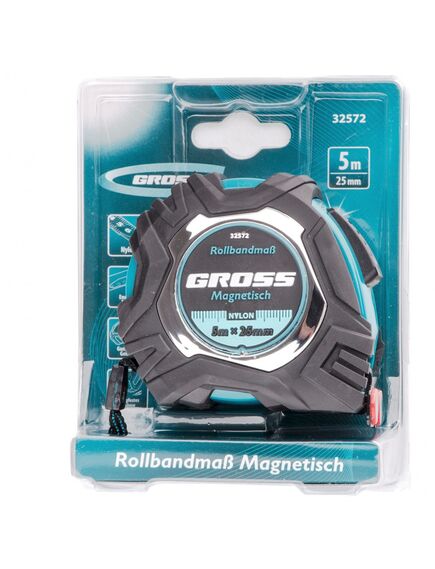 Рулетка 5 м х 25 мм Magnetisch обрезиненый корпус автоматическая фиксация GROSS 32572, фото , изображение 4 - Метэкс
