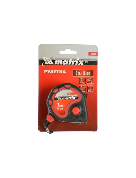 Рулетка 3 м х 16 мм Status двухкомпонентный корпус 3 фиксации ленты MATRIX 31033, фото , изображение 2 - Метэкс