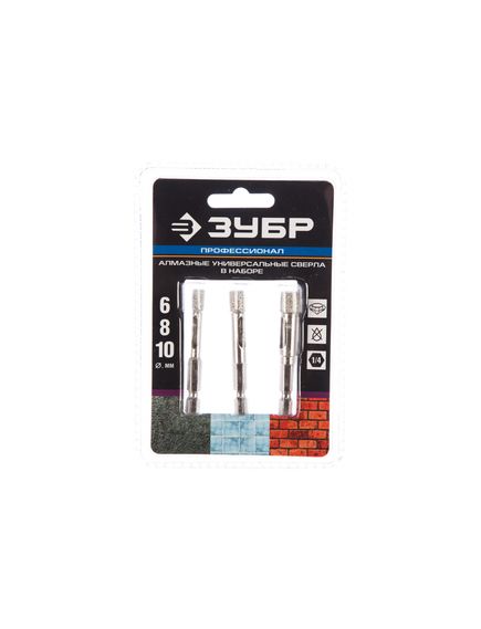 Набор алмазных сверл 6, 8, 10 мм сухое сверление шестигранный хвостовик ЗУБР 29865-H3, фото , изображение 2 - Метэкс