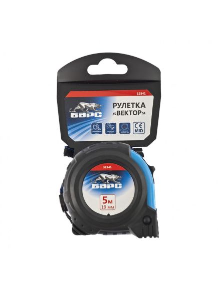 Рулетка 5 м х 19 мм Вектор утолщенное полотно магнитный зацеп обрезиненный корпус БАРС 32541, фото , изображение 4 - Метэкс