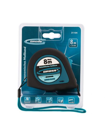 Рулетка 8 м х 25 мм "Ergonomisch"  магнитный обрезиненный зацеп GROSS 31104, фото , изображение 3 - Метэкс