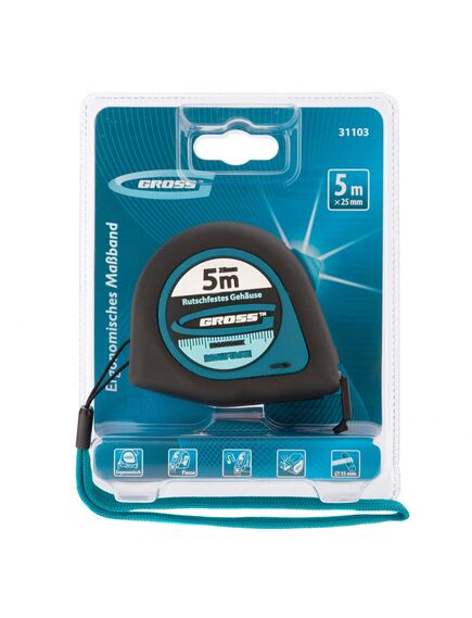 Рулетка 5 м х 25 мм "Ergonomisch" магнитный обрезиненный зацеп GROSS 31103, фото , изображение 3 - Метэкс