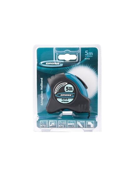 Рулетка 5 м х 19 мм "Schlagfest" магнитный обрезиненый зацеп двусторонняя шкала GROSS 31112, фото , изображение 3 - Метэкс