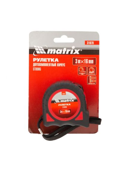 Рулетка 3 м х 16 мм Strong обрезиненный корпус MATRIX 31078, фото , изображение 3 - Метэкс