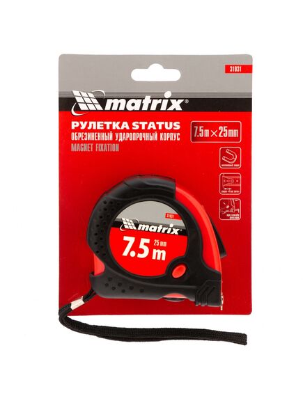 Рулетка 7,5 м х 25 мм Status Magnet fixation обрезиненный корпус зацеп с магнитом MATRIX 31031, фото , изображение 5 - Метэкс