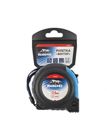 Рулетка 7,5 м х 25 мм Вектор утолщенное полотно магнитный зацеп обрезиненный корпус БАРС 32543, фото , изображение 4 - Метэкс