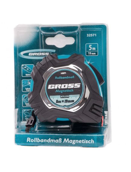 Рулетка 5 м х 19 мм Magnetisch обрезиненый корпус автоматическая фиксация GROSS 32571, фото , изображение 4 - Метэкс