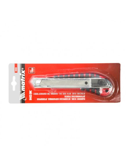 Нож 18 мм выдвижное лезвие металлическая направляющая двухкомпонентная рукоятка MATRIX 78938, фото , изображение 3 - Метэкс