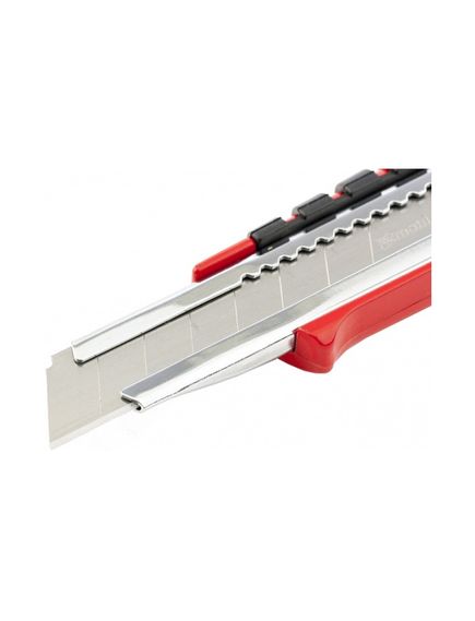 Нож 18 мм выдвижное лезвие металлическая направляющая двухкомпонентная рукоятка MATRIX 78938, фото , изображение 4 - Метэкс