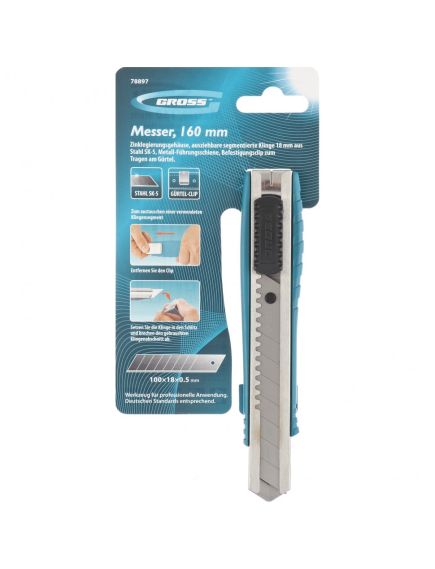 Нож 160 мм металлический корпус выдвижное сегментное лезвие 18 мм GROSS 78897, фото , изображение 6 - Метэкс