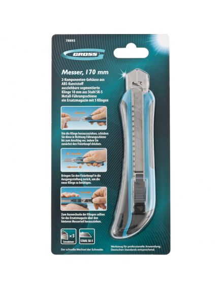 Нож 170 мм обрезиненный ABS - корпус выдвижное сегментное лезвие 18 мм GROSS 78893, фото , изображение 6 - Метэкс