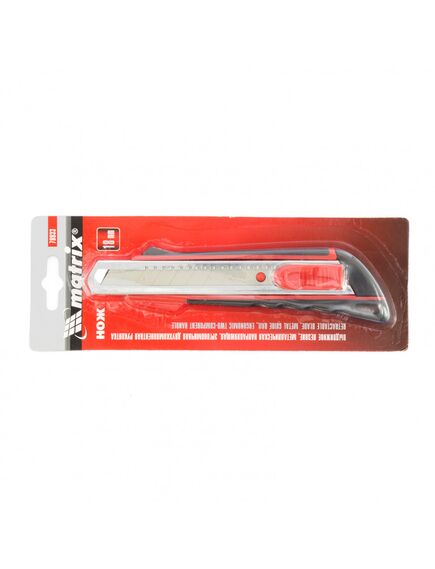 Нож 18 мм выдвижное лезвие металлическая направляющая двухкомпонентная рукоятка MATRIX 78933, фото , изображение 3 - Метэкс