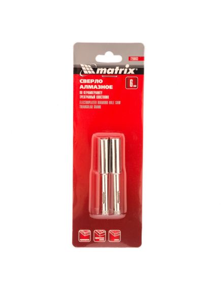 Сверло алмазное по керамограниту 6 х 67 мм трехгранный хвостовик, 2 шт MATRIX 726063, фото , изображение 3 - Метэкс