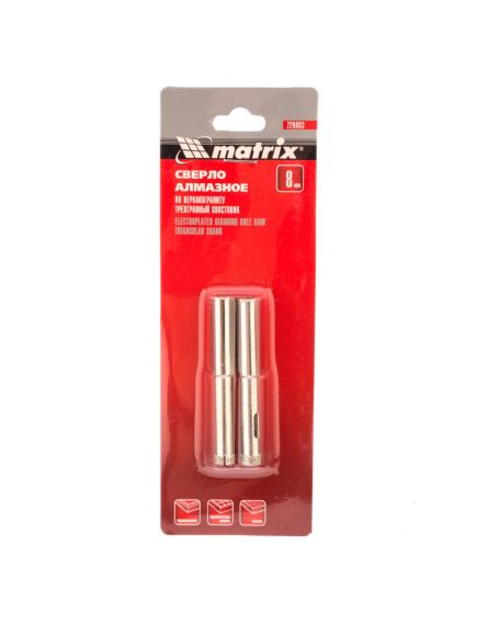 Сверло алмазное по керамограниту 8 х 67 мм трехгранный хвостовик 2 шт MATRIX 726083, фото , изображение 4 - Метэкс