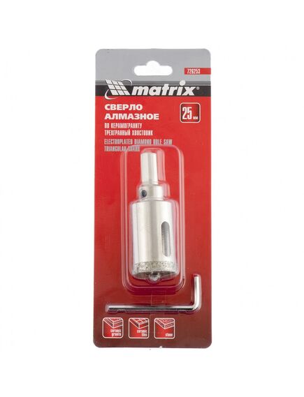 Сверло алмазное по керамограниту 25 х 67 мм трехгранный хвостовик MATRIX 726253, фото , изображение 3 - Метэкс