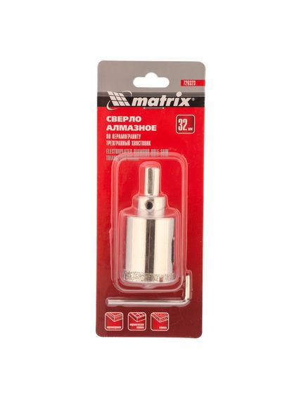 Сверло алмазное по керамограниту 32 х 67 мм трехгранный хвостовик MATRIX 726323, фото , изображение 3 - Метэкс