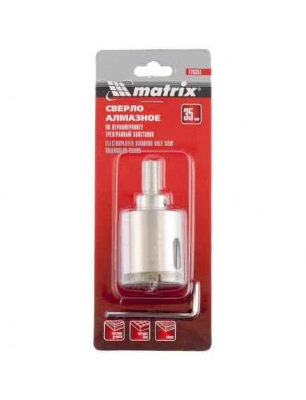 Сверло алмазное по керамограниту 35 х 67 мм трехгранный хвостовик MATRIX 726353, фото , изображение 3 - Метэкс